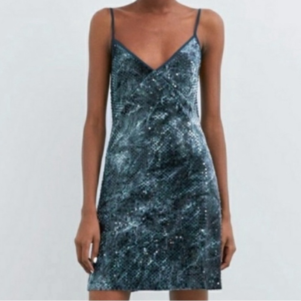 ZARA Blue Velvet Sequin Mini Dress M - Picture 4 of 7